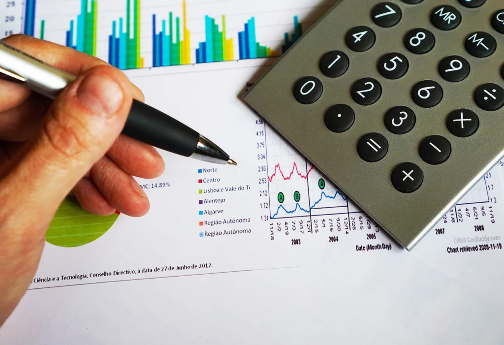 Calculator and candlestick charts on a desk
