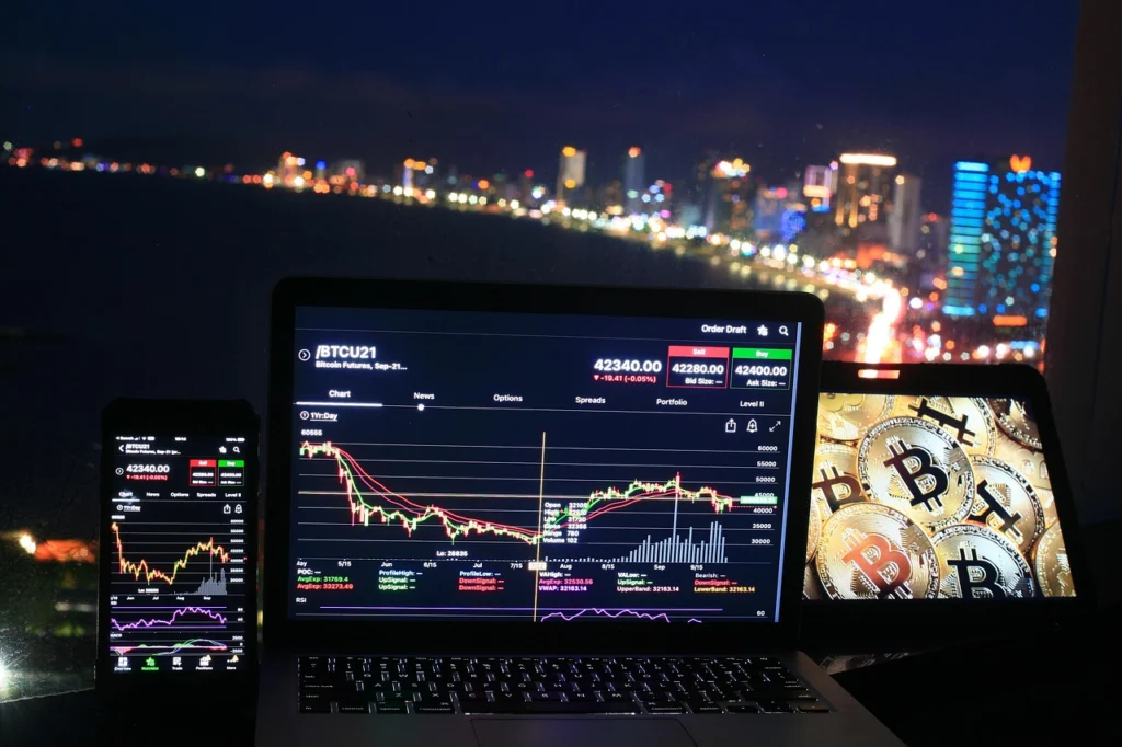 Cryptocurrency trading charts on a computer screen with DeFi arbitrage concepts