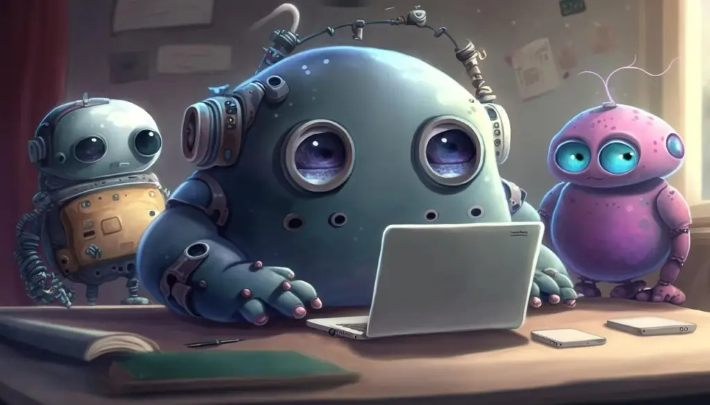 A robot on a trading desk with a laptop in the background