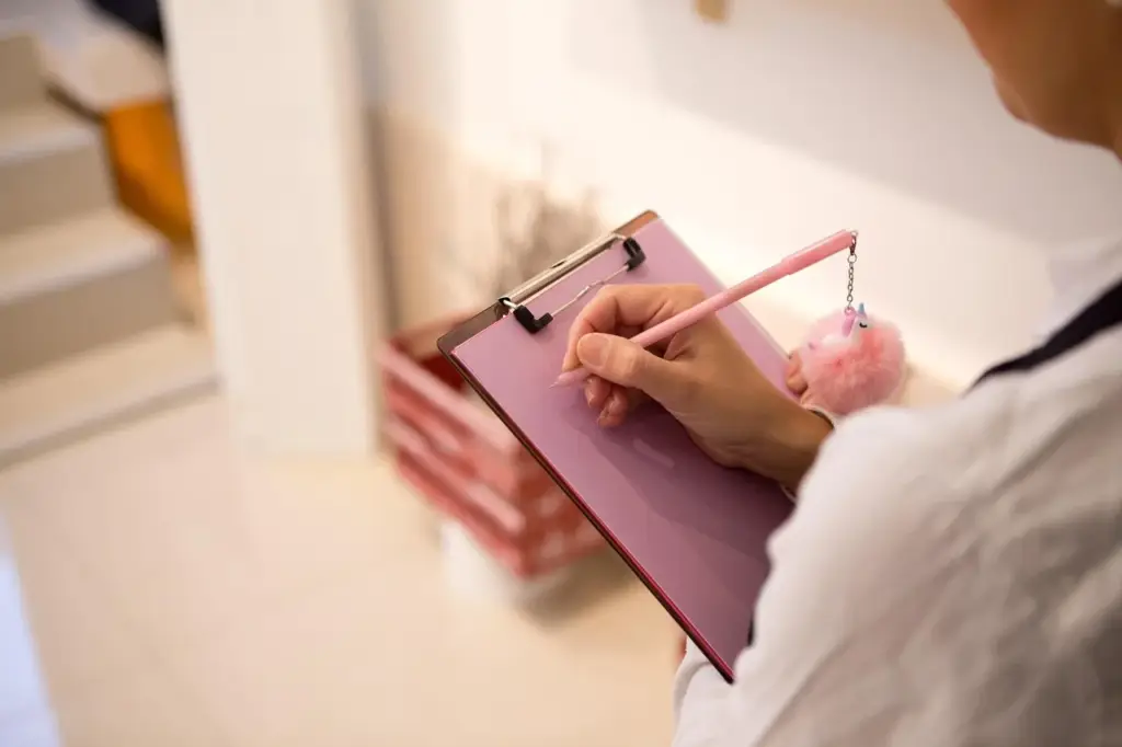 Person writing on a checklist with a laptop nearby